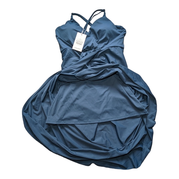 NWT Halara Deep V Neck Backless Crisscross Adjustable Straps Midi Blue Dress - Picture 5 of 7